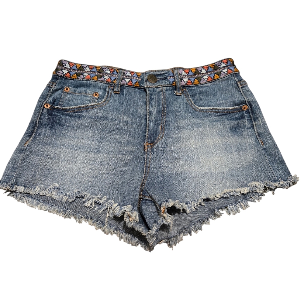 Aeropostale High Waisted Shorty Embroidered Denim Raw Hem Shorts